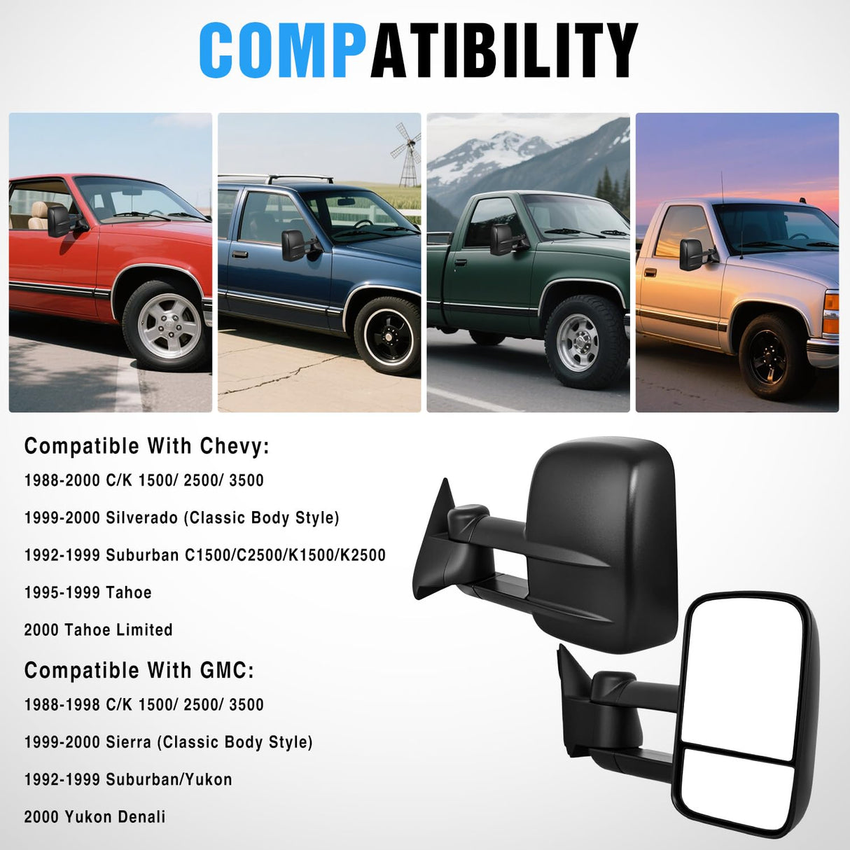 Towing Mirrors Manual Adjusted Flat Convex Glass Telescoping Folding Compatible With 1988-1998 Chevy Silverado GMC Sierra C/K 1500 2500 3500 Tahoe Suburban Yukon