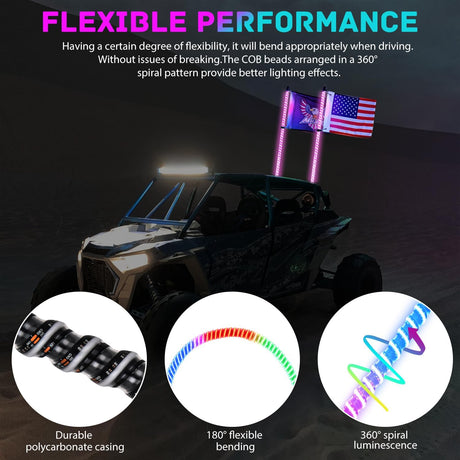 LED Whip Light 1 PC 3FT COB RGB Lighted Antenna Whips with Spring Base Remote & App Control DIY Chasing Patterns for Can-am Offroad ATV UTV RZR Polaris Dune Buggy 4-Wheeler Truck