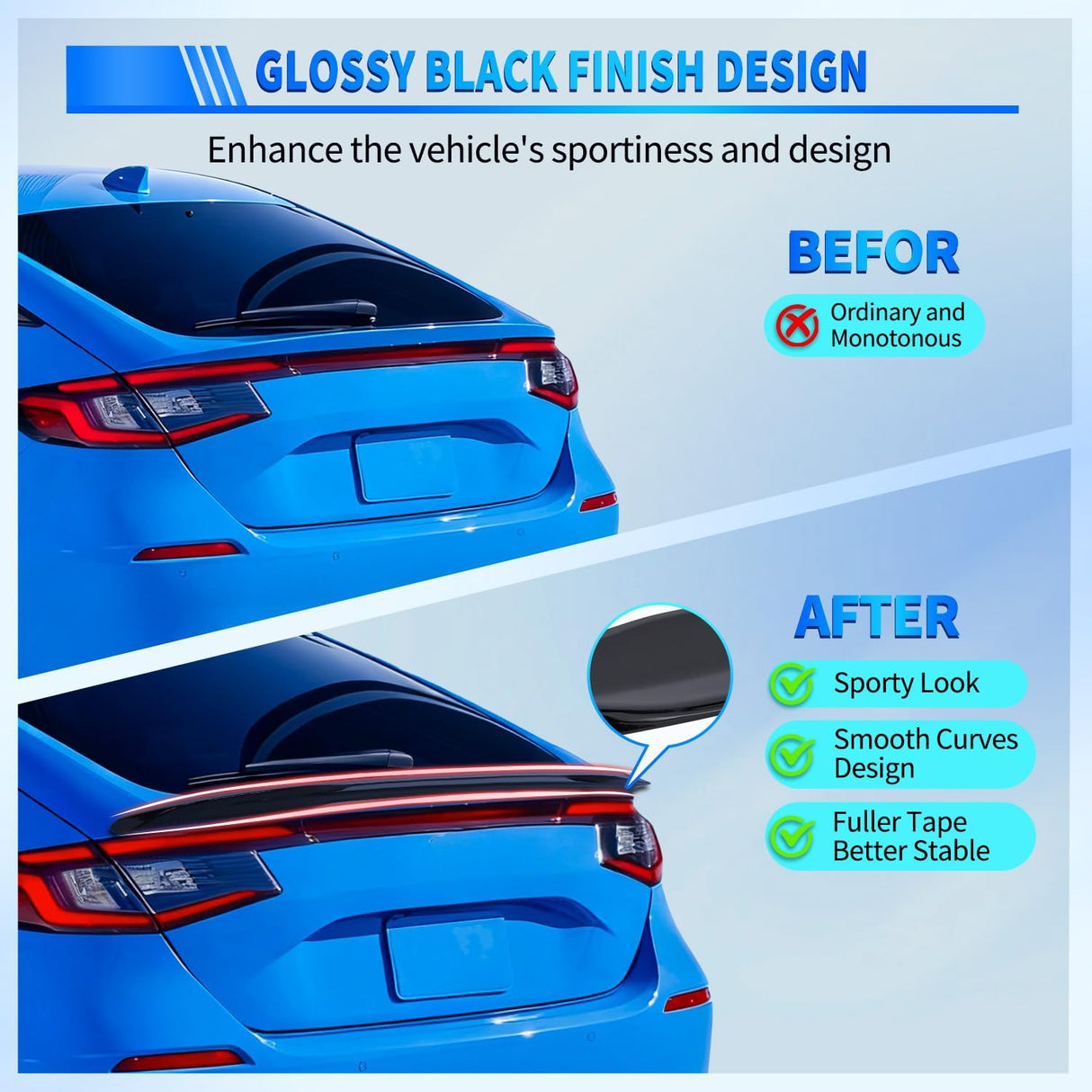 Spoiler Fit for Honda Civic Sedan 2022 2023 2024 2025 22 23 24 25 Spoilers for Cars Rear Spoiler Wing ABS Sporty Appearance Rear Trunk Lip Accessories No-Drill Installation, Glossy Black