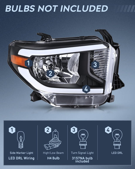 LED DRL Headlight Assembly Compatible with 2014 2015 2016 2017 2018 2019 2020 2021 Toyota Tundra Clean Lens Black Housing Amber Reflector Clear Lens Headlamps Replacement