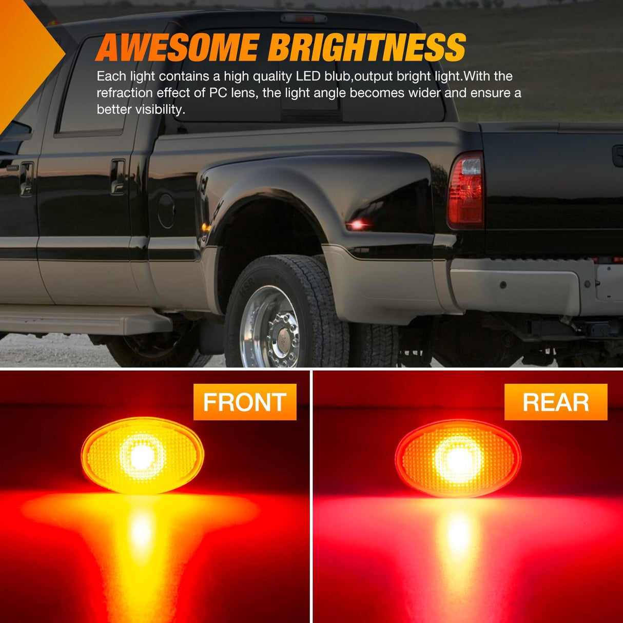 Fender Side Marker Lights 4 PCS Red Amber Front Rear Clearance Light Compatible with Ford 1999-2010 F350 F450 F550 Super Duty Dual Wheeler Trucks