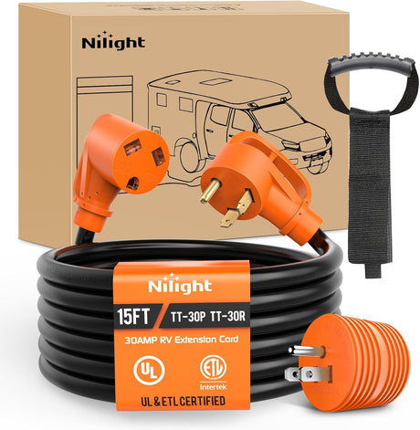 15FT 30 Amp RV Extension Cord with Adapter 15Amp to 30Amp 125V Heavy Duty 10/3 Gauge Pure Copper STW Wire UL ETL Listed 3 Prong TT-30P TT-30R Weatherproof Suit for Generators Campers