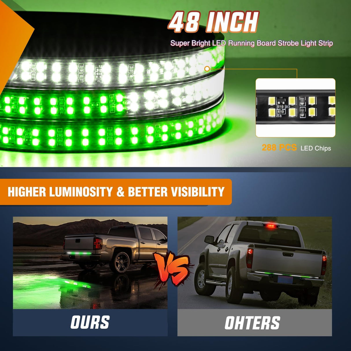 48 Inch Truck Tailgate Strobe Light Strip Tail Emergency Bar Rear Window Warning Lamp Ultra-Bright Double Row 288 LED for Pickup Trailers Construction Vehicles Car SUV, Green White