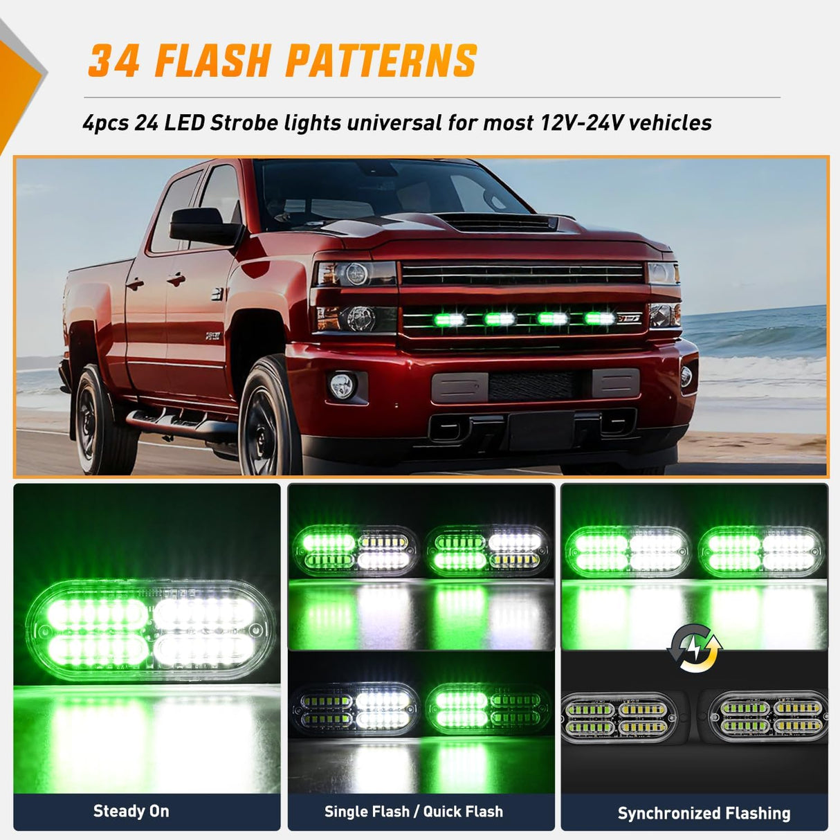 4PCS 24LED Emergency Strobe lights 12V 24V Green White Surface Mount Grille Hazard Safety Warning Light Sync Feature Side Flashing Marker Flash for Car Truck Campers