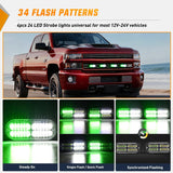 4PCS 24LED Emergency Strobe lights 12V 24V Green White Surface Mount Grille Hazard Safety Warning Light Sync Feature Side Flashing Marker Flash for Car Truck Campers