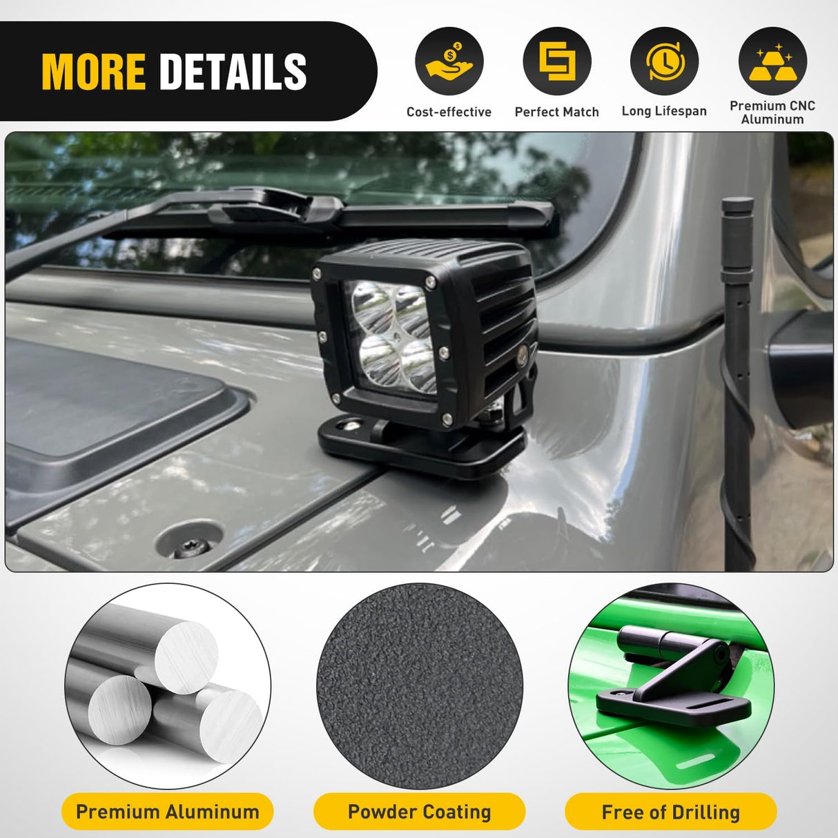 Light Mounting Bracket Hood Cowl Mount Brackets for Front A-Pillar Auxiliary Offroad LED Work Pods Lights on Jeep Wrangler JL JLU Gladiator JT 2018 2019 2020 2021 2022 2023 2024 2025, Black