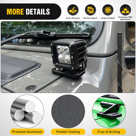 Light Mounting Bracket Hood Cowl Mount Brackets for Front A-Pillar Auxiliary Offroad LED Work Pods Lights on Jeep Wrangler JL JLU Gladiator JT 2018 2019 2020 2021 2022 2023 2024 2025, Black