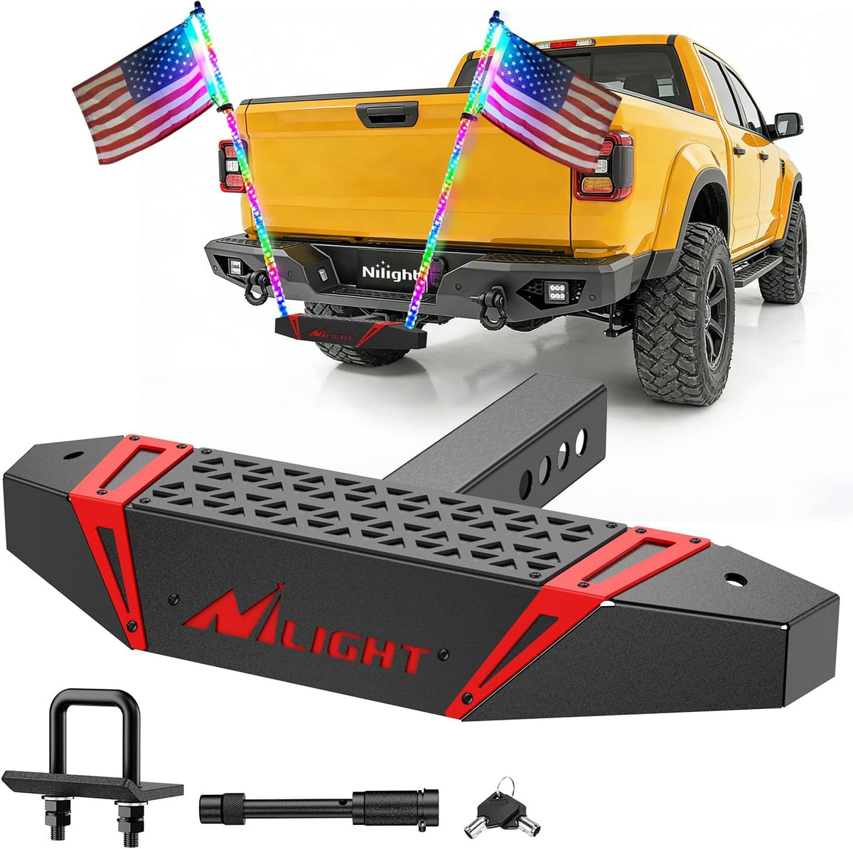 Hitch Step with Whip Mount Holes 2 Inch Receiver for Trucks SUV Car Van | Upgraded Textured Black Anti-Slip Step Bar Rear Bumper Guard Protector Includes Hitch Lock & U-Bolts Universal Fit