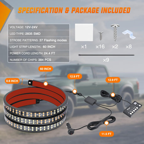 60 Inch Emergency Strobe Light Strips with Controller, 384LED Flashing Warning Hazard Safety for Rear Window Tailgate on Truck Trailer Construction Plow Pickup Tow SUV Vehicles, Amber White