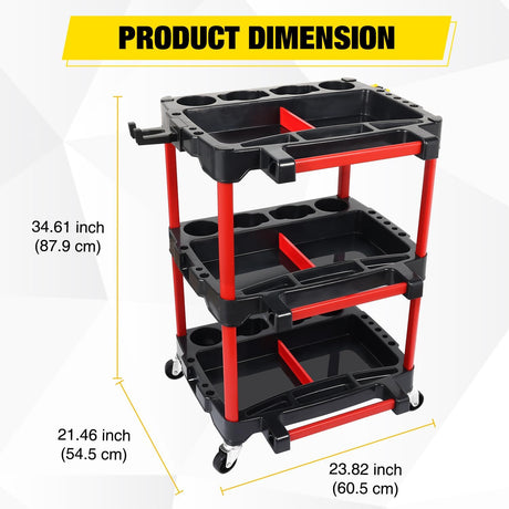 3-Tier Car Detailing Cart with Polisher Brackets - Rolling Utility Plastic Cart with Organizer & Hooks - Heavy Duty Mobile Tool Station