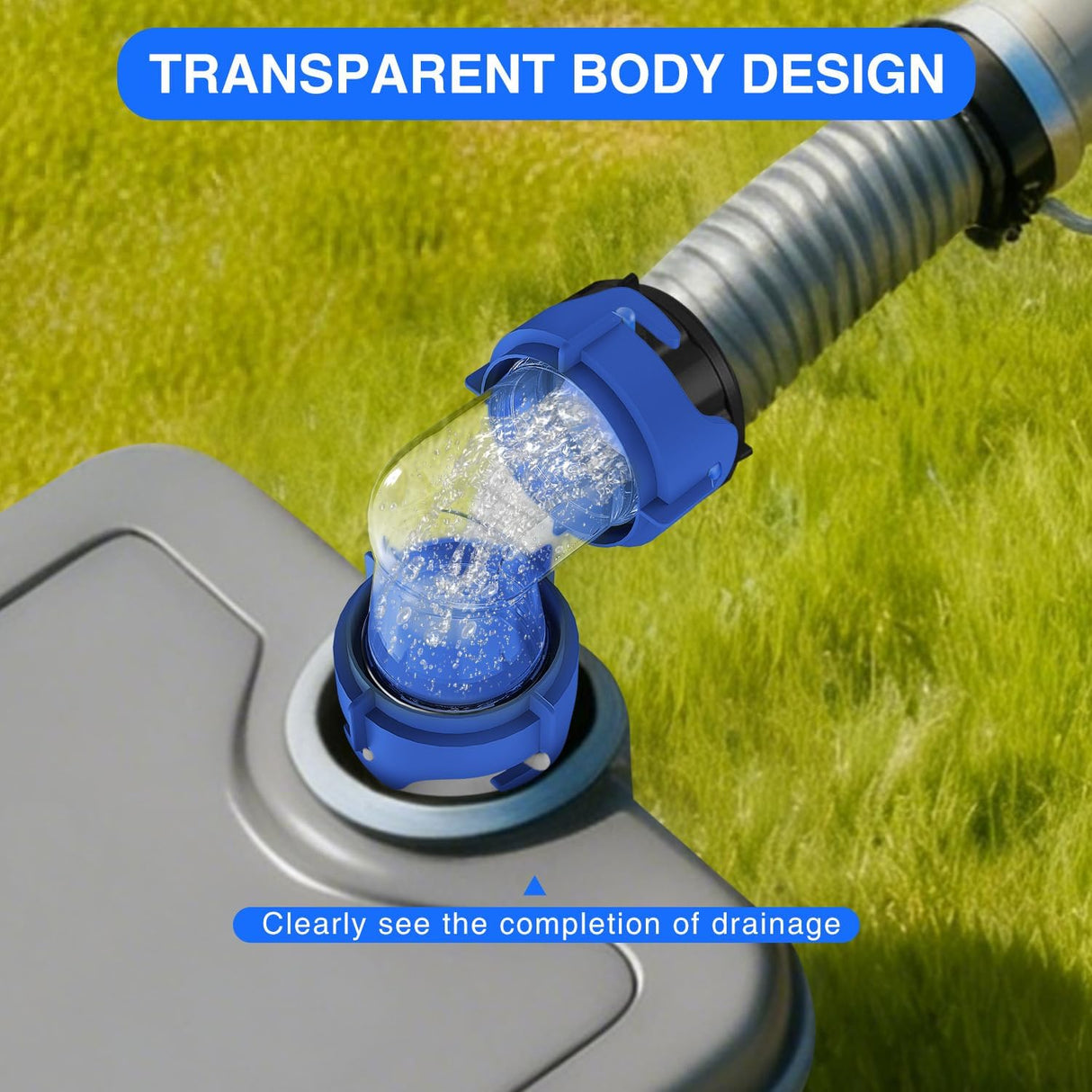 90 Degree RV Tote Tank Adapter, Clear RV Sewer Hose Elbow Fitting with 4 Swivel Bayonet Prongs Leak-Proof Double Odor-Tight Sealing Ring for RV Camping Portable Waste Tank Sewer Hoses, Blue