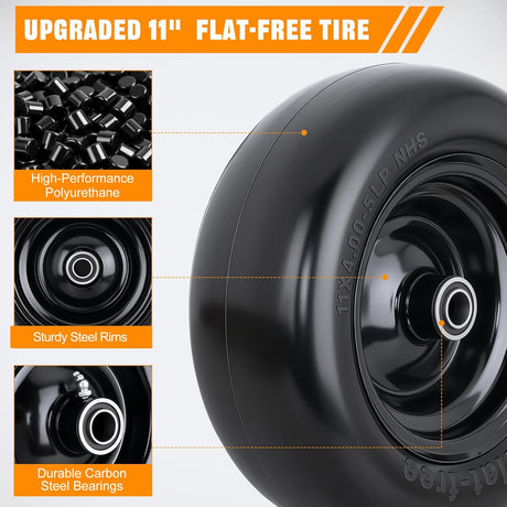11x4.00-5 Solid Lawn Mower Tires, 11 Inch Flat-Free Polyurethane Tire with 3/4 Inch Axle Bore & 3.4 Inch Hub Length, Airless Replacement Wheels for Lawn Mowers, 2 Pack
