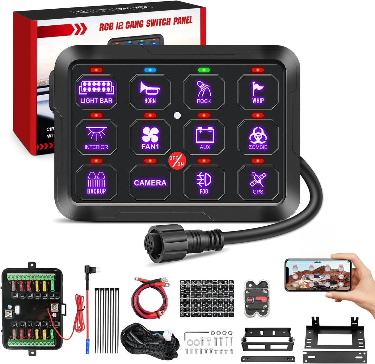 12 Gang Switch Panel 12V 24V Universal Circuit Control Relay System with RGB Backlight APP Fuse Wiring Harness Automatic Dimmable ON Off LED Switches Pod for Car Pickup Truck Camper SUV