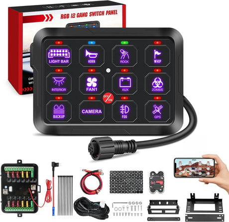 12 Gang Switch Panel 12V 24V Universal Circuit Control Relay System with RGB Backlight APP Fuse Wiring Harness Automatic Dimmable ON Off LED Switches Pod for Car Pickup Truck Camper SUV