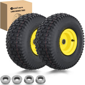 15x6.00-6 Lawn Mower Tires, 15 Inch Pneumatic Rubber Tire with 3/4 Inch Axle Bore & 3 Inch Hub Length, Air-Filled Replacement Wheels for Riding Lawn Mowers, 2 Pack