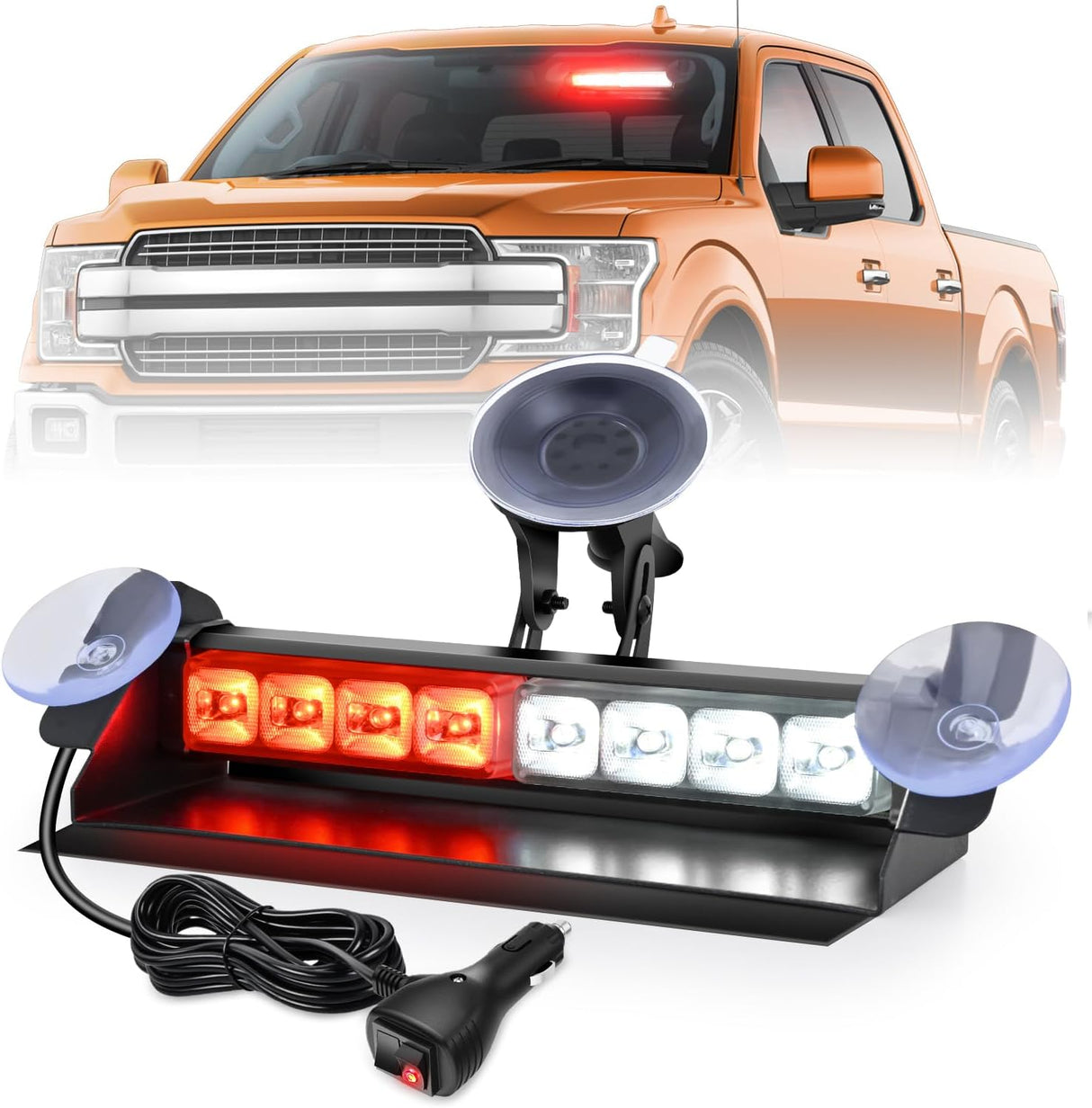 8LED Red White Traffic Advisor Strobe Light Bar Hazard Safety | with Vacuum Suction Emergency Dash Warning Flashing Lights Front/Rear Windshield Visor for Truck Police Construction Vehicles