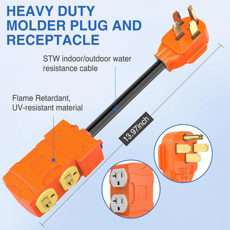 50 Amp to 20 Amp 110V RV Power Adapter Cord with Circuit Breaker NEMA 14-50P Male to 4X 5-15R/5-20R Female RV Distribution Adapter Plug ETL Listed 4 Household Outlets for RVs Camper Generator