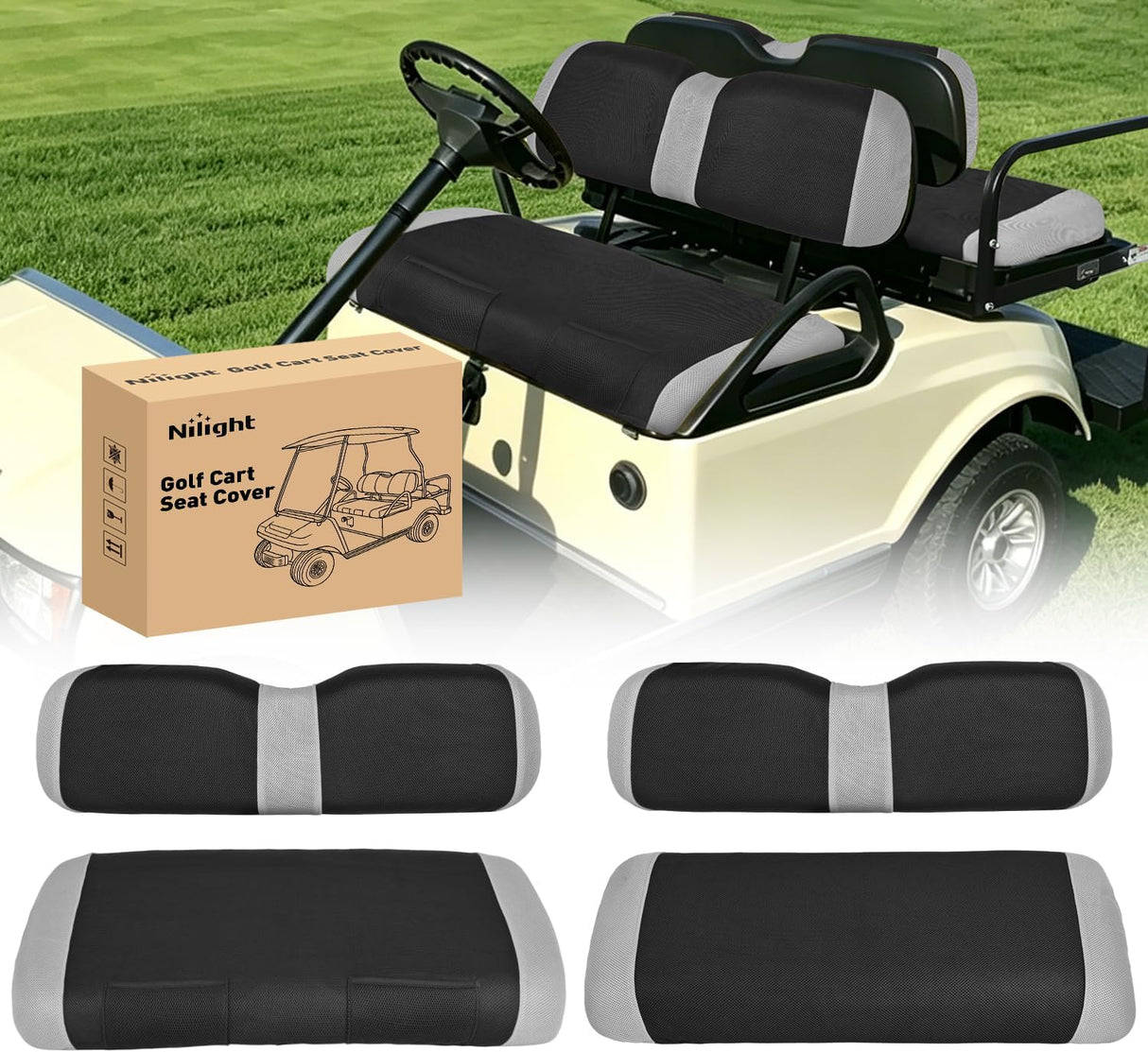 Golf Cart Seat Covers 2PCS Grey Black EZGO TXT RXV Club Car DS | Breathable Sandwich Mesh Sun Scratch Resistant Washable No Staple Fits 1994-2013 EZGO TXT RXV and 2000-2026 Club Car DS