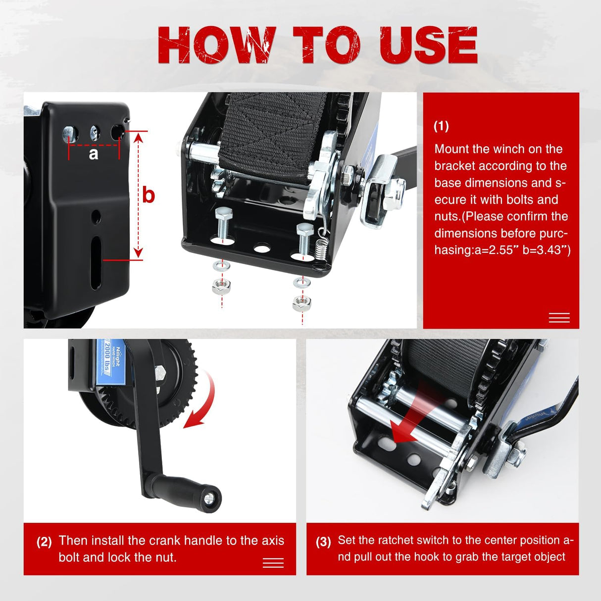 Boat Trailer Winch 2000 Lbs Hand Crank Winch Heavy Duty Boat Winches with 23Ft Strap Rope Hook 2-Way Ratchet 4:1 Gear Portable Marine Manual Winch for Trailers Boats RV ATV Jet Ski Towing
