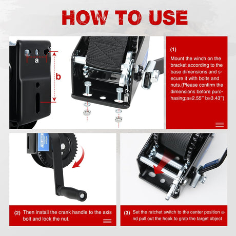 Boat Trailer Winch 2000 Lbs Hand Crank Winch Heavy Duty Boat Winches with 23Ft Strap Rope Hook 2-Way Ratchet 4:1 Gear Portable Marine Manual Winch for Trailers Boats RV ATV Jet Ski Towing