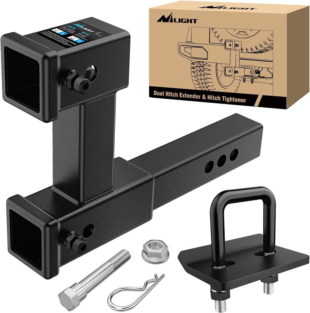 Dual Hitch Extender to 10 Inch Max Extension Length with Hitchs Tightener Anti Rattle for 2 Inch Receiver with 5/8 Inch Bolt Nut Clip Adjust 7-1/2 Inch Riser or Drop 4,000 lbs GTW Matte Black