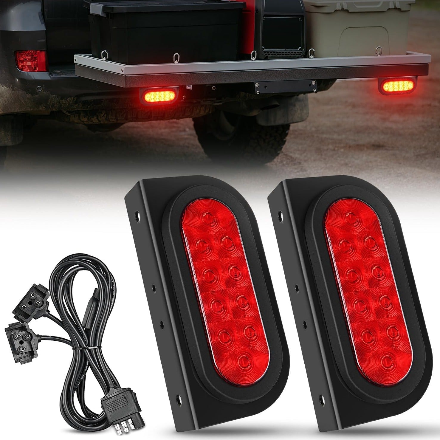 6" Oval Red LED Hitch Cargo Carrier Trailer Tail Lights W/ Flush Mount Grommets Wire Harness (Pair) Nilight