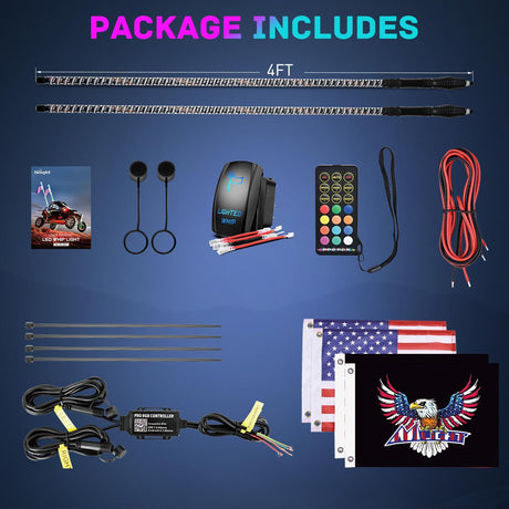LED Whip Light 2 PCS 4FT COB RGB Lighted Antenna Whips with Spring Base Remote & App Control DIY Patterns Turn Brake Reverse Lights for Can-am Offroad ATV UTV RZR Polaris Dune Buggy Truck