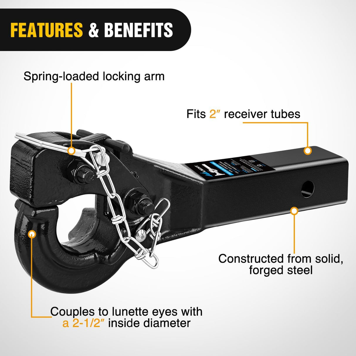 Trailer Hitch 10-TON Pintle Hitch for 2-Inch Receiver Hook Military Receiver 20000LBS,Fits 2-1/2 in Lunette Ring, Gloss Black Powder Coat