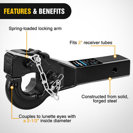 Trailer Hitch 10-TON Pintle Hitch for 2-Inch Receiver Hook Military Receiver 20000LBS,Fits 2-1/2 in Lunette Ring, Gloss Black Powder Coat
