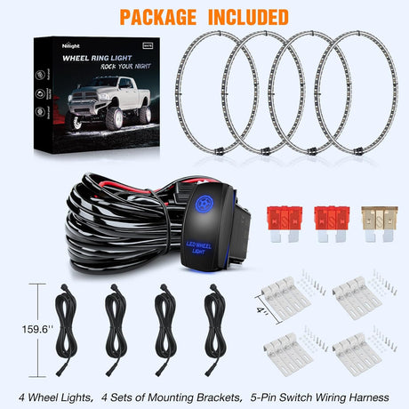 4PCS 15.5inch Double Row LED Wheel Ring Lights Pure White with Wiring Harness Kit Rocker Switch Control Dual Row for Car Van SUV Truck