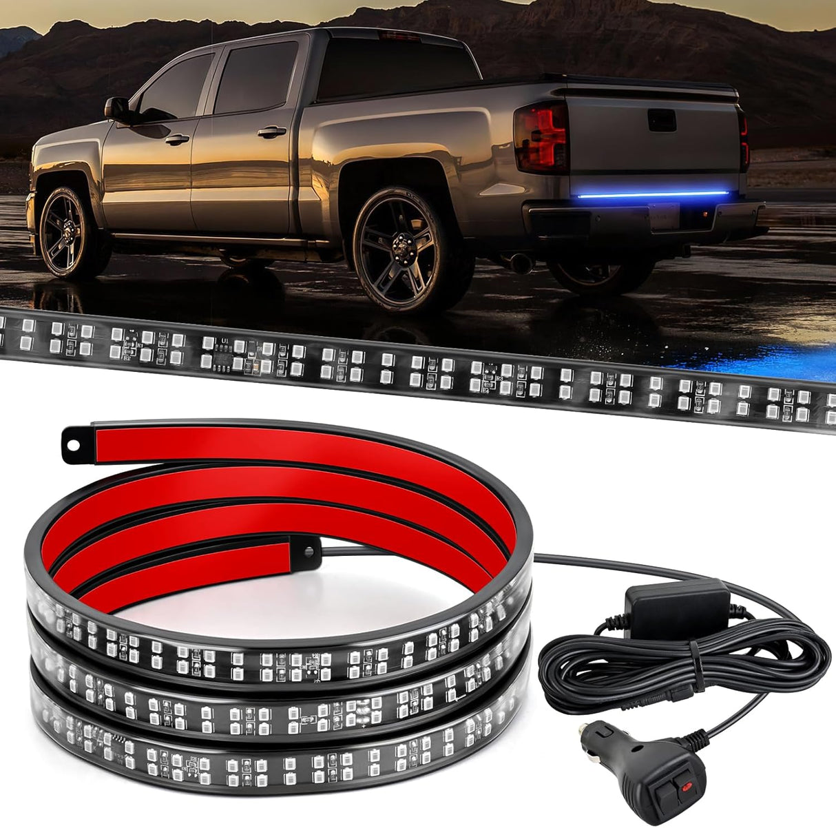 48 Inch Truck Tailgate Strobe Light Strip Tail Emergency Bar Rear Window Warning Lamp Ultra-Bright Double Row 288 LED for Pickup Trailers Construction Vehicles Car SUV, Blue