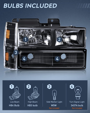 Headlight Assembly Black Case Amber Reflector For 1988 1989 1990 1991 1992 1993 Chevrolet GMC C/K 1988-1993 Silverado Suburban Sierra Blazer Tahoe Yukon Nilight