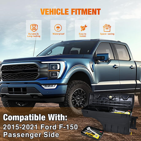 Truck Bed Tool Box Right Passenger Side Truck Tool Box Fit for Ford F-150 2015-2021 ABS Swing Case Truck Bed Storage Box with Lockable Lid Waterproof Wheel Well Toolbox Black