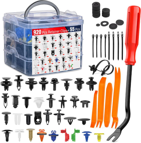975Pcs Car Push Retainer Clips Auto Fasteners Kit Included 33 Sizes Nylon Bumper Fender Rivets Door Trim Panel Clips with 5 Fasteners Remover 10 Cable Ties for Toyota GM Ford Honda Chevy Audi