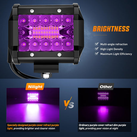 4 Inch LED Light Pods Purple Triple Row 2PCS 60W Flood Spot Combo Off Road Driving Decoration Neon Hunting Lighting for UTV Pick-up Van Boat Tractor