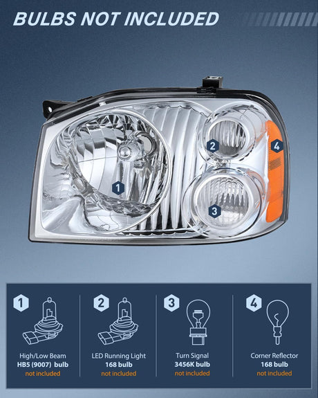 Headlight Assembly Compatible with 2001 2002 2003 2004 Nissan Frontier XE OE Style Replacement Halogen Headlights Chrome Housing Amber Reflector Clear Turn Light Headlamp Passenger and Driver