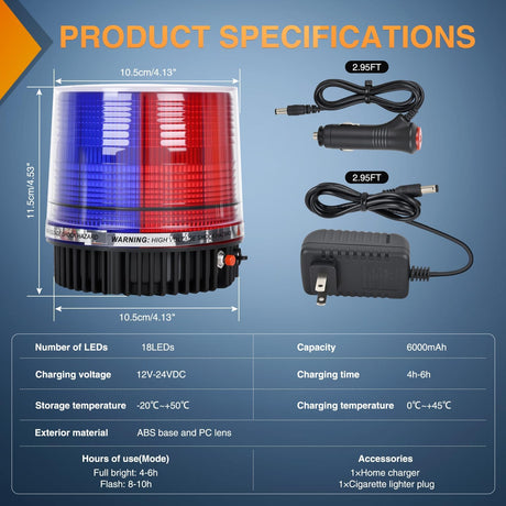 18LED Strobe Lights Red Blue Wireless Rotating Emergency Safety Flashing Beacon Light with Magnetic Base Mount and Two Types of Plugs for Vehicle UTV Truck Forklift Tractor Snow Plow