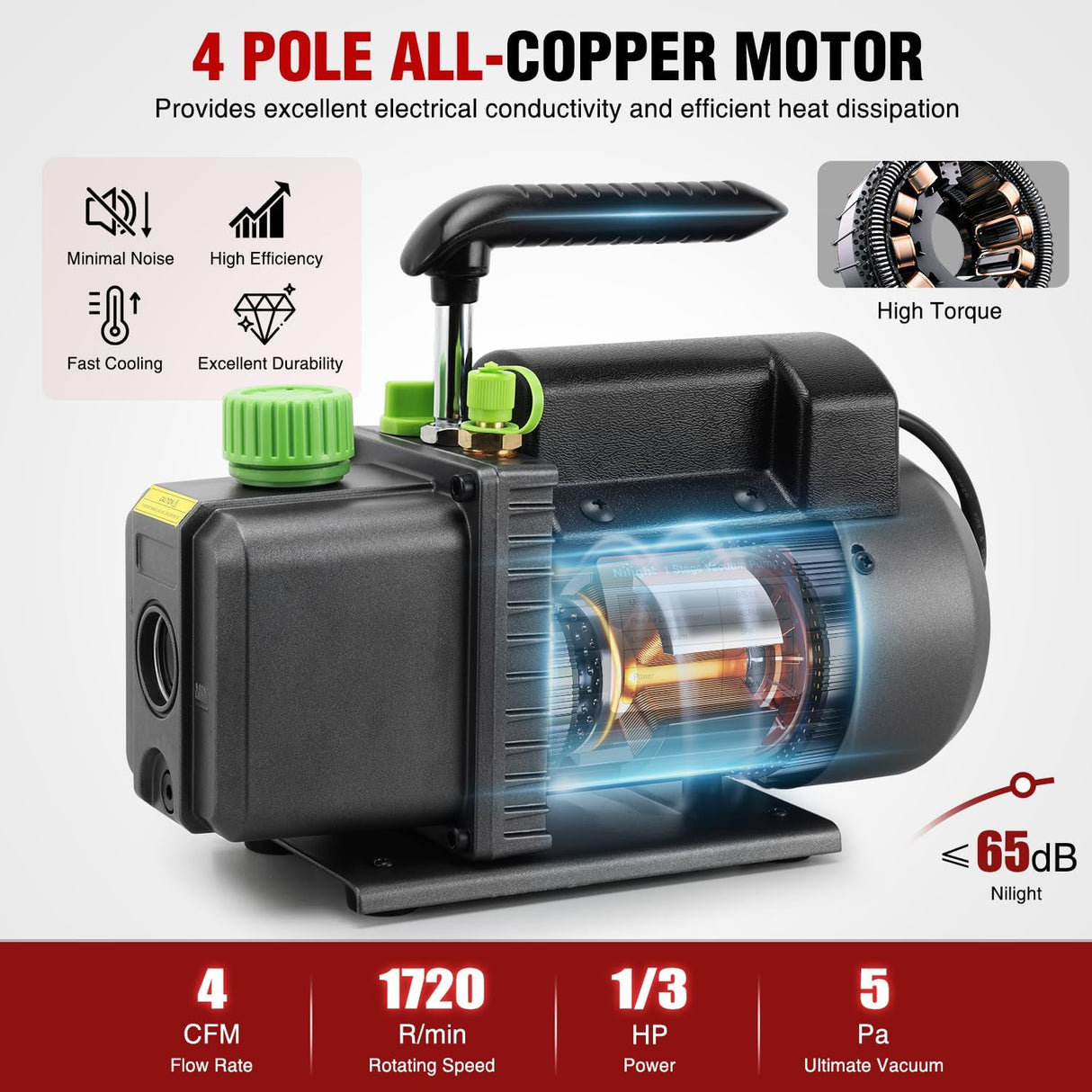 4 CFM Vacuum Pump HVAC, 1/3 HP 110V Single Stage AC Vacuum Pumps Kit for R22 R404a R134a R410a, 5 Pa Ultimate Vacuum for Auto Air Conditioning Servicing Refrigerant Recharging, Oil Included