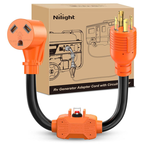 RV Generator Adapter Cord with Circuit Breaker Overload Protector 30 Amp to 30Amp 4-Prong Twist Lock Plug 10 Gauge Wire ETL Listed L14-30P to TT-30R 30M/30F for RVs Camper Caravan Van Trailer