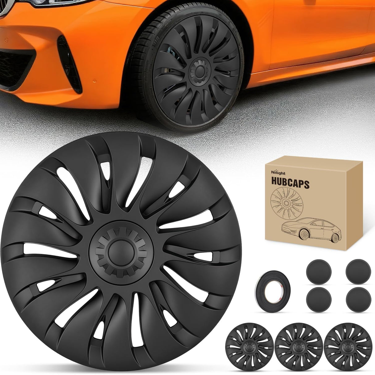 Wheel Cover Hubcaps 19 Inch for Tesla Model Y Accessories 2021 2022 2023 2024 Tesla Model Y Gemini 19 Inch Hub Caps Set of 4 Rim Protector Wheel Covers Replacement Uberturbine Style Matt Black