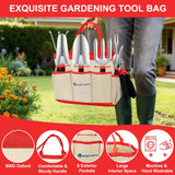 Gardening Tools 9-Piece Heavy Duty Garden Tool Set Gardening Supplies Gifts for Women Men Gardening Hand Tool Kit with Non-Slip Ergonomic Handle, Garden Bag, Durable Gloves, Pruning Shears, Red