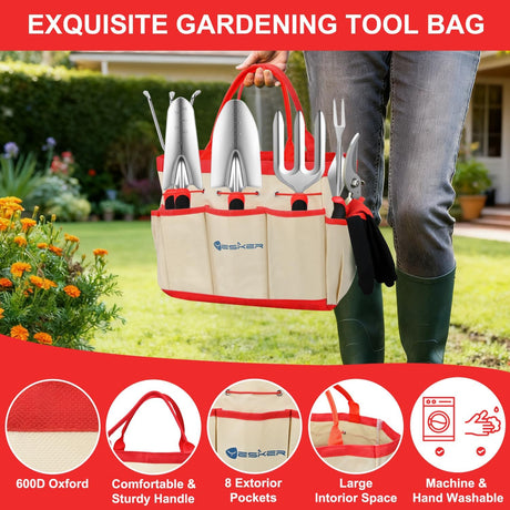 Gardening Tools 9-Piece Heavy Duty Garden Tool Set Gardening Supplies Gifts for Women Men Gardening Hand Tool Kit with Non-Slip Ergonomic Handle, Garden Bag, Durable Gloves, Pruning Shears, Red