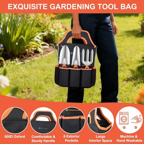 Gardening Tools 7-Piece Heavy Duty Garden Tool Set Gardening Supplies Gifts for Women Men Gardening Hand Tool Kit with Non-Slip Ergonomic Handle, Garden Bag, Pruning Shears, Black Orange