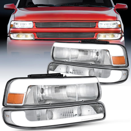 LED DRL Headlight Assembly for 1999 2000 2001 2002 Chevy Silverado 1500 1500HD 2500 2500HD 3500 Chevrolet Tahoe Suburban Replacement Headlamp Clean Lens Chrome Housing Amber Bumper Lights Set