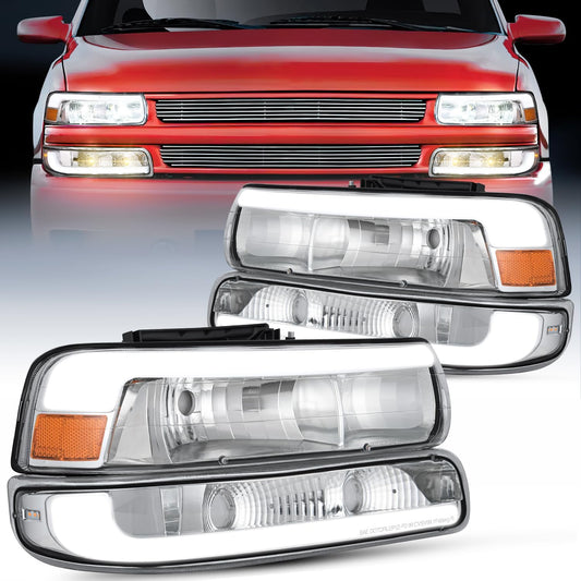 LED DRL Headlight Assembly for 1999 2000 2001 2002 Chevy Silverado 1500 1500HD 2500 2500HD 3500 Chevrolet Tahoe Suburban Replacement Headlamp Clean Lens Chrome Housing Amber Bumper Lights Set