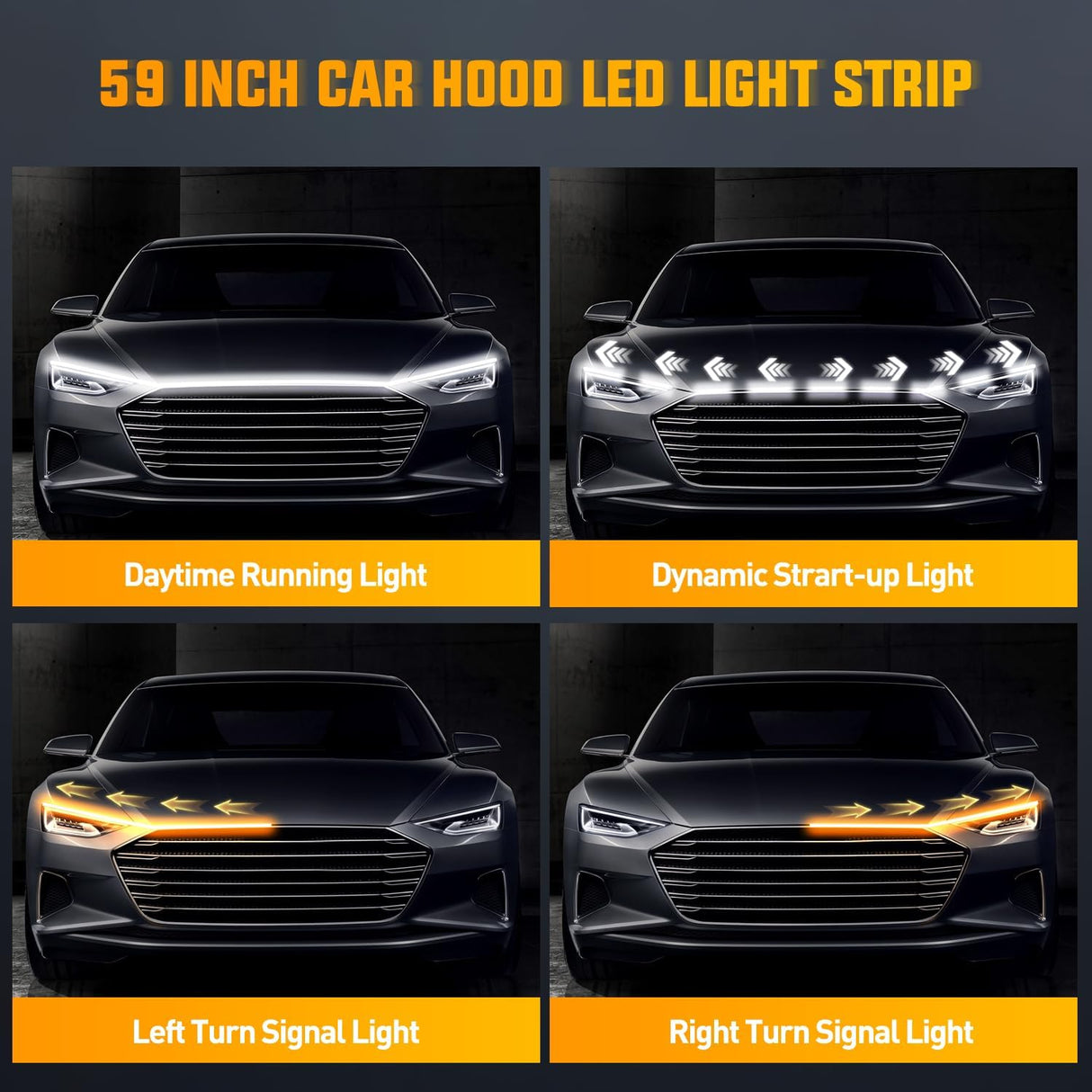 59-Inch LED Hood Strip, White Startup DRL Amber Signals Light | White Dynamic Daytime Running Light Amber Sequentiall Turn Signal Waterproof for Cars, SUVs & Trucks