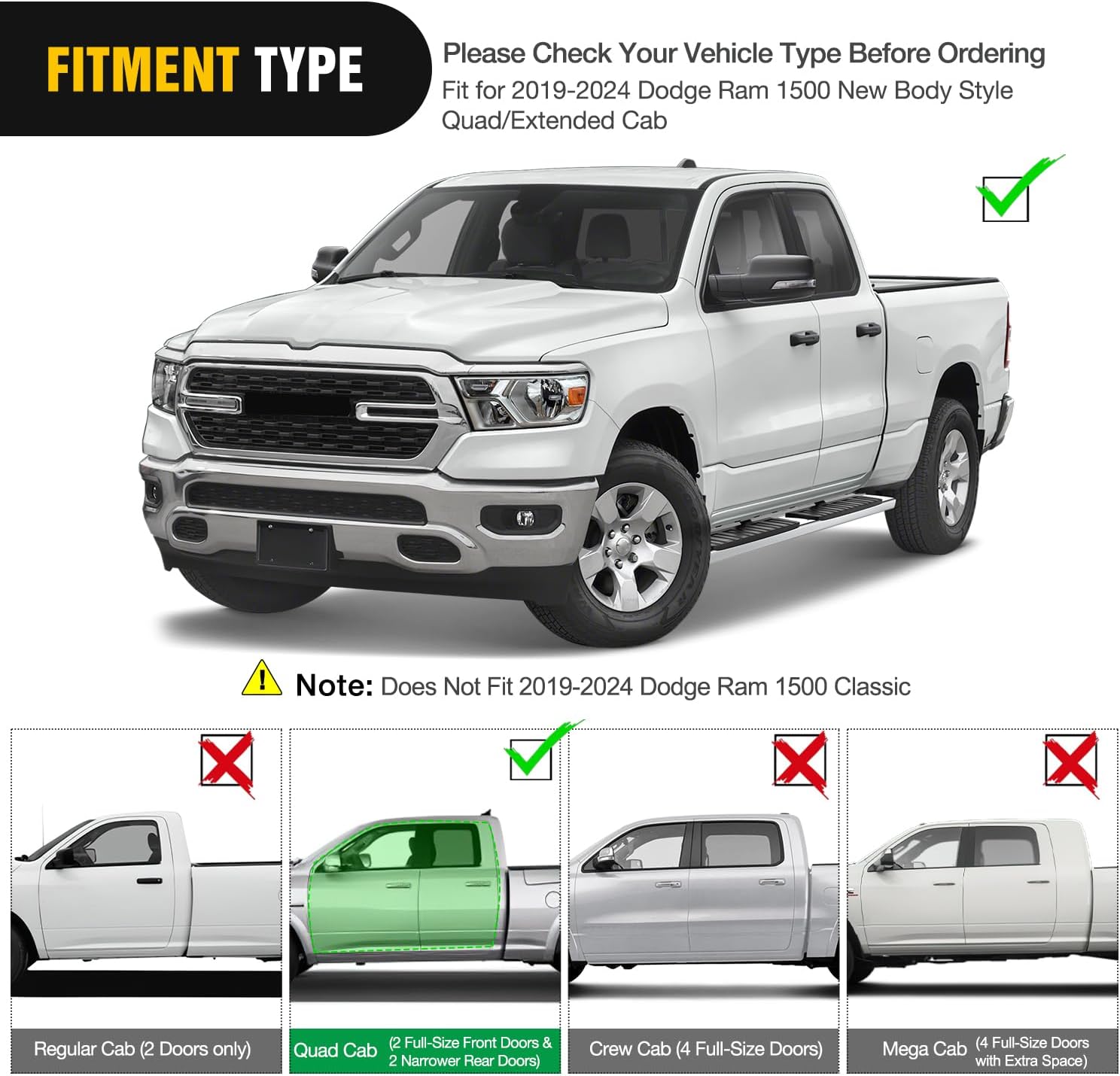 2019-2024 Dodge Ram 1500 Quad Extended Cab Running Boards 6 Inch Slip-Proof Stainless Steel Bolt-on Side Step Nerf Bars Nilight