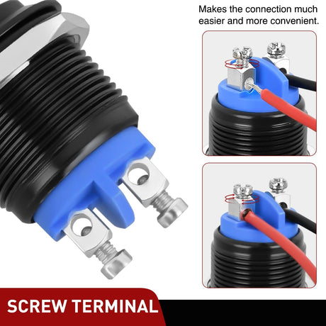 16mm Momentary Push Button Switch 12V Waterproof Black Metal Round Starter Power Switches 2PCS 2 Pin Screw Terminal for Car Truck Horn Boat Marine RV Vehicle
