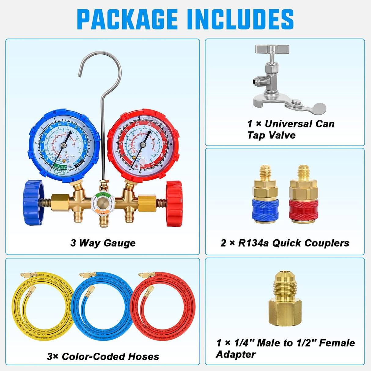A/C Manifold Gauge Set Fits for R134a R12 R22 R502 3-Way Auto HVAC Diagnostic Gauges Refrigerant Recharge kit with Quick Couplers 5FT Hoses Universal Can Tap
