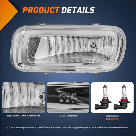 Fog Light Assembly Fog Lights Assembly Compatible with 2004 2005 2006 Ford F-150 F150 Left Driver and Right Passenger Side Clear Lens w/H10 12V 42W Bulbs